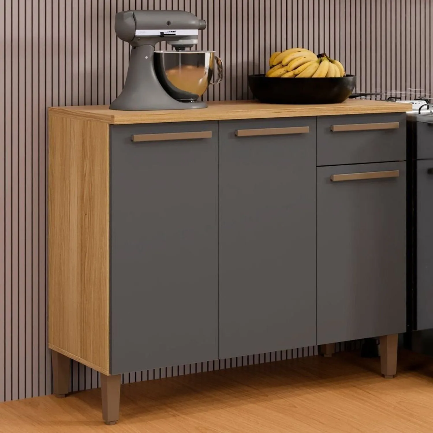 Balcão Classico Master 3pts 2gav Cinamomo/Grafite ArtMoveis